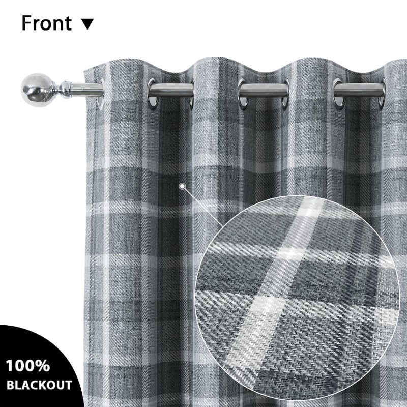 always4u Plaid Curtains for Bedroom Living Room 100% Blackout Thermal Fully Lined Woolen Look Check Drapes Grey Grommet Curtains 63 Inch Length 2 Panels Grey - Image 3